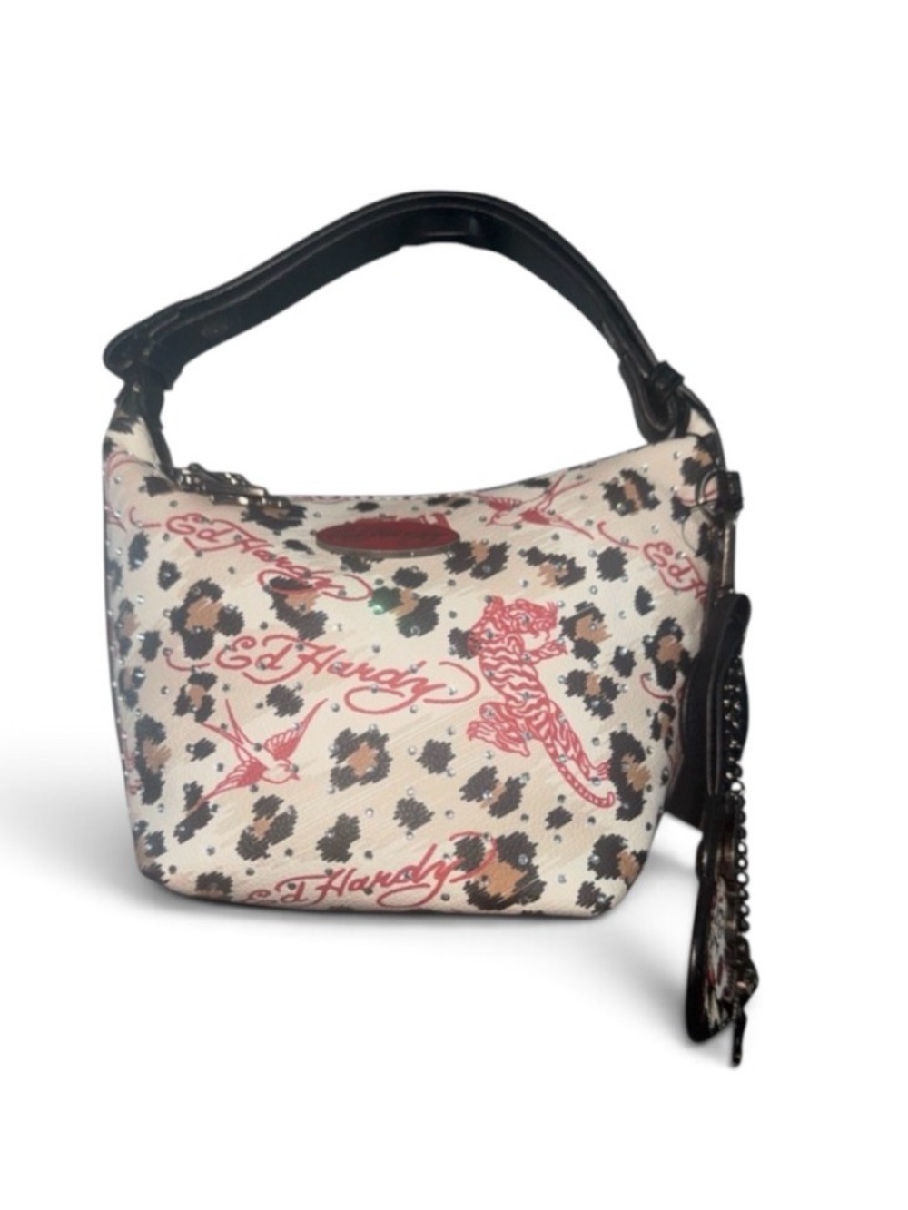 Ed Hardy Cream Leopard-Print Shoulder Bag with Red Graphics